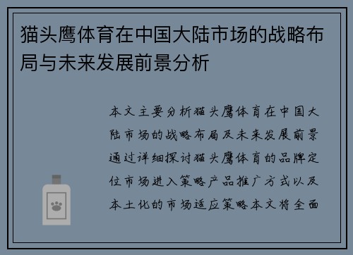 猫头鹰体育在中国大陆市场的战略布局与未来发展前景分析